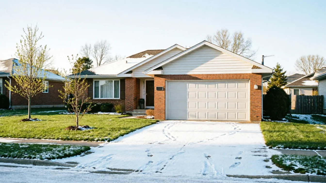 A house with a white garage door and a snow-covered driveway.