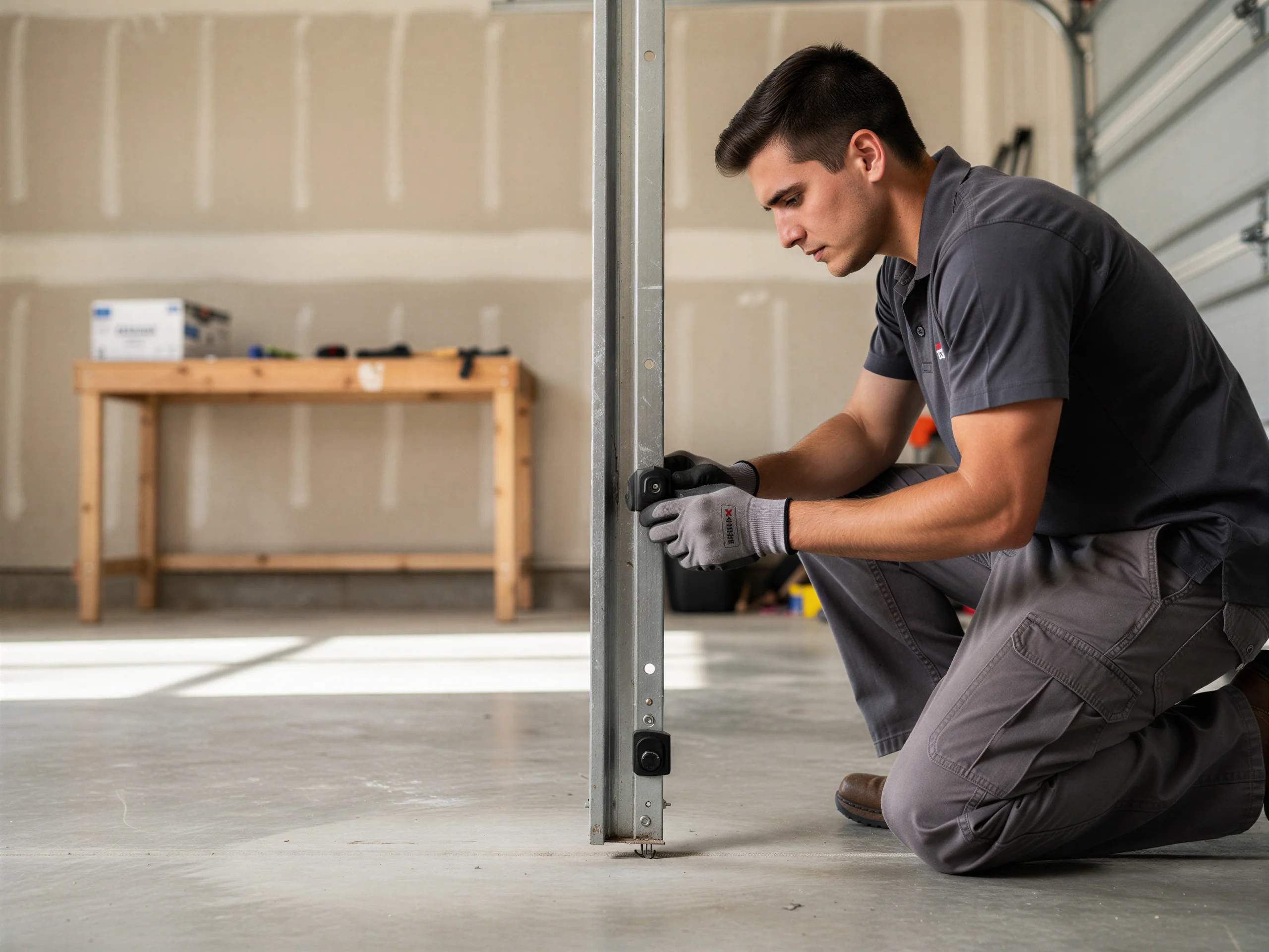 A technician in a gray shirt and gloves works on a garage door track.