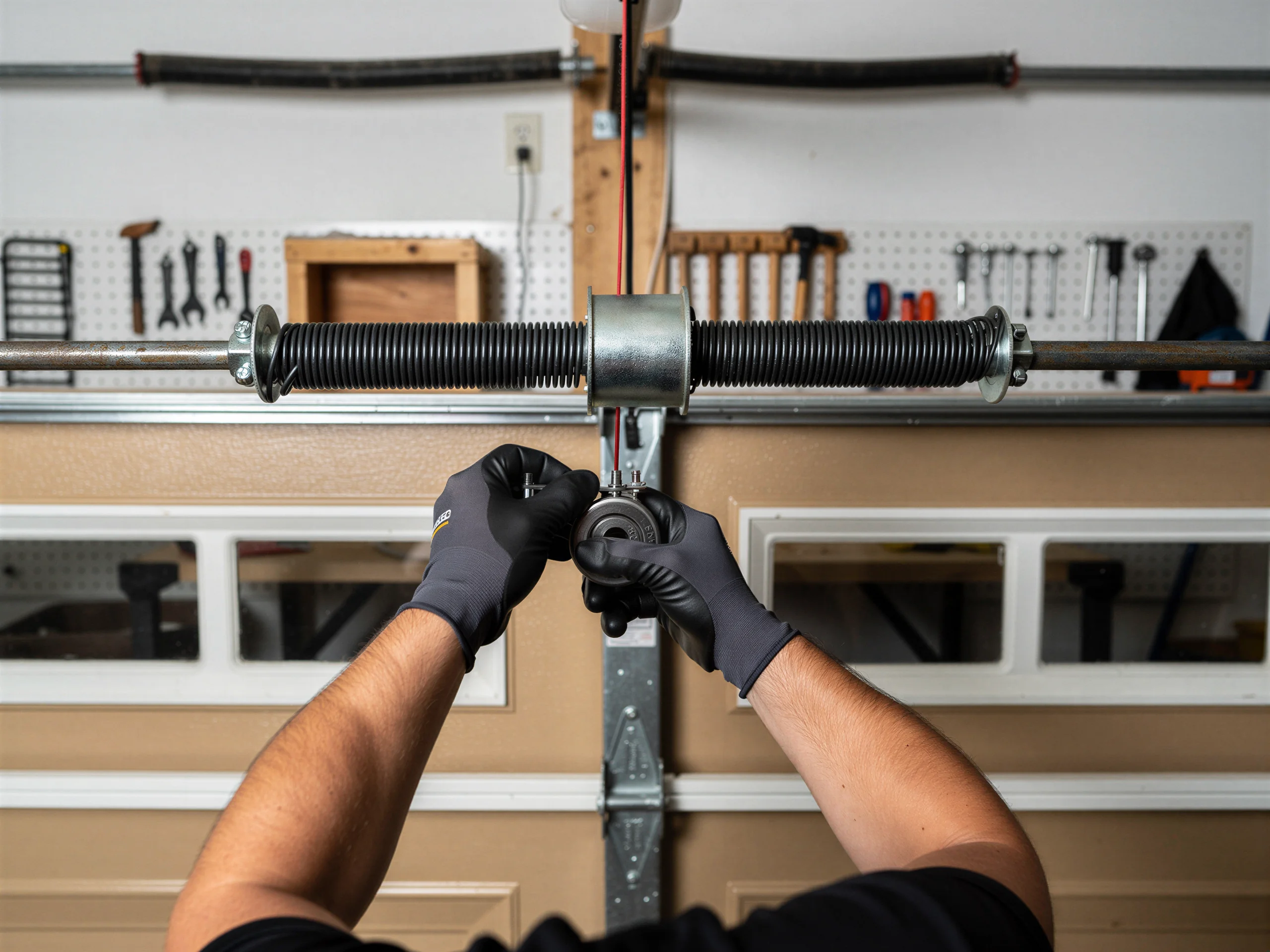 A technician's gloved hands are working on a garage door torsion spring.