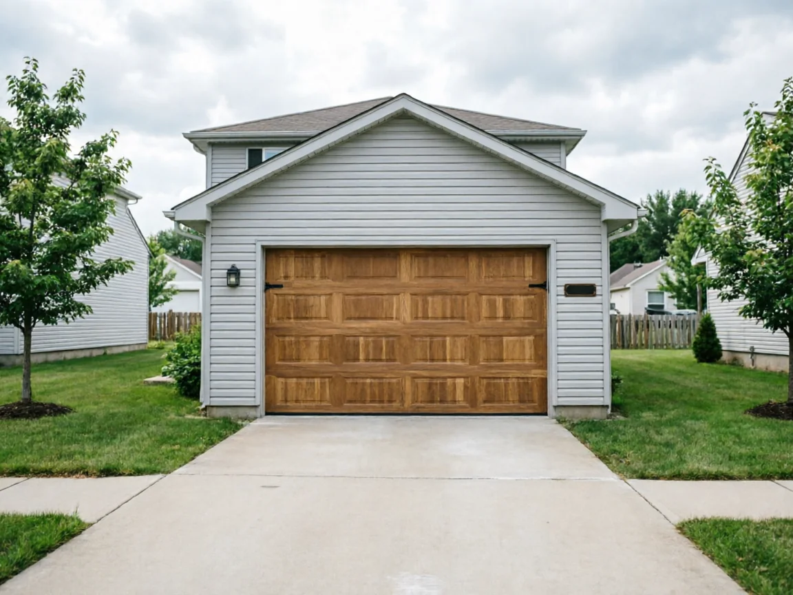 A light brown wooden garage door on a gray house with a concrete driveway.